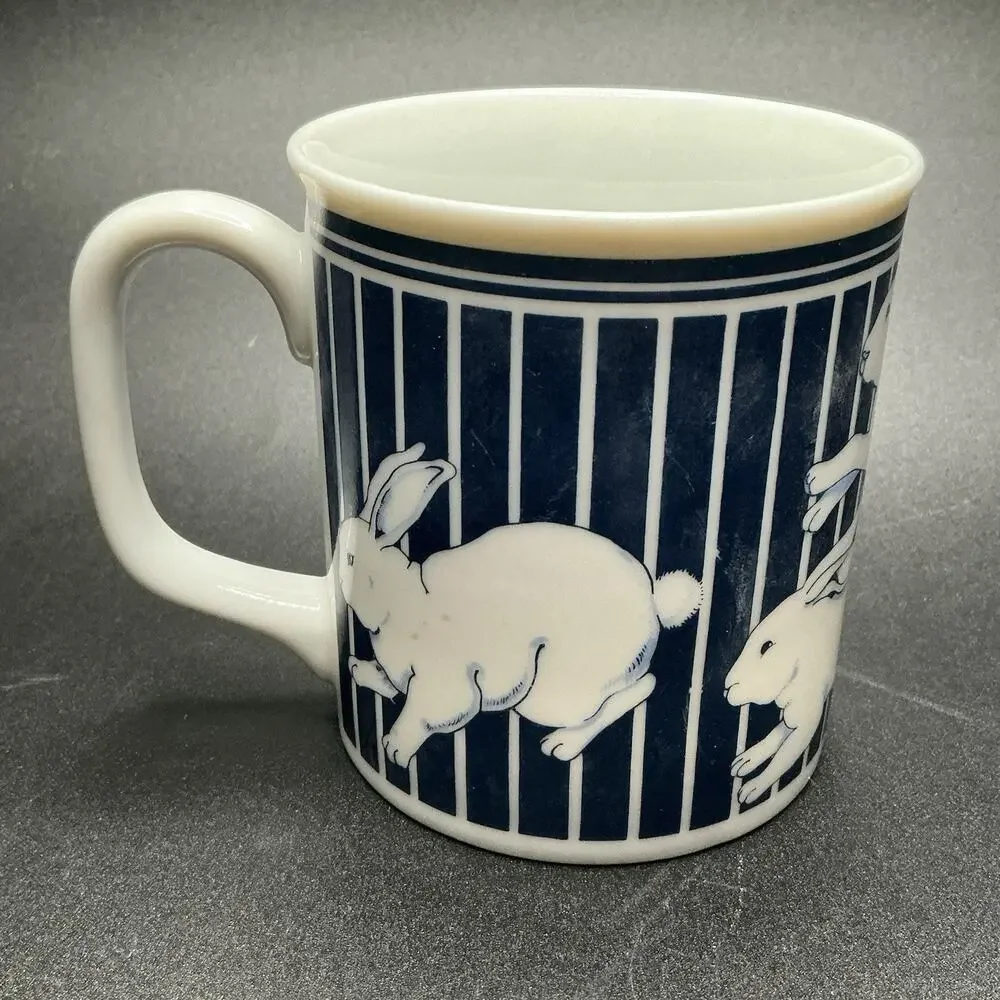 Curzon Running Easter Rabbit Ceramic Coffee Mug Blue‎ & White Stripes, Vtg.